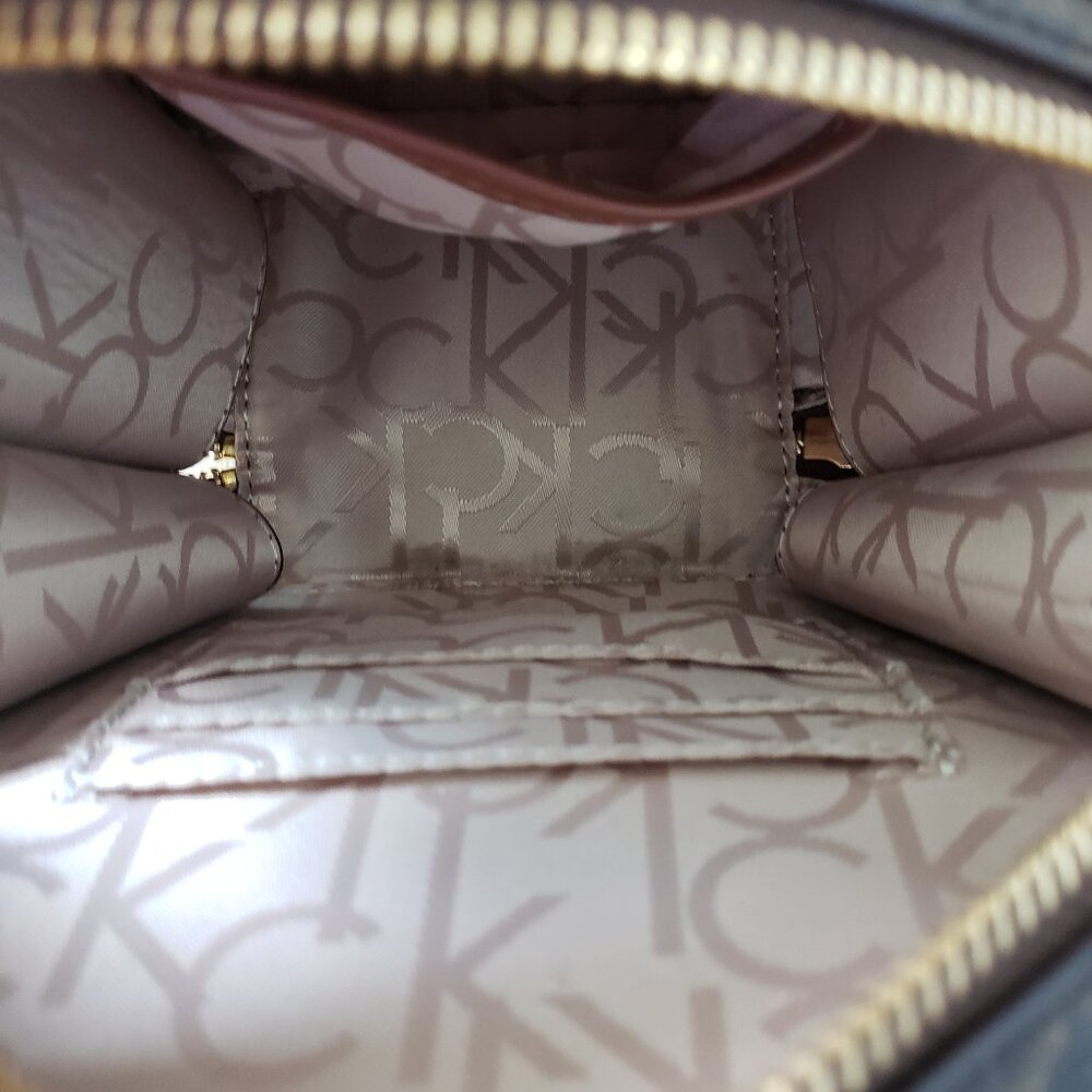 Calvin Klein Dark Brown Monogram Round Crossbody with Tan Handle - Picture 8 of 9